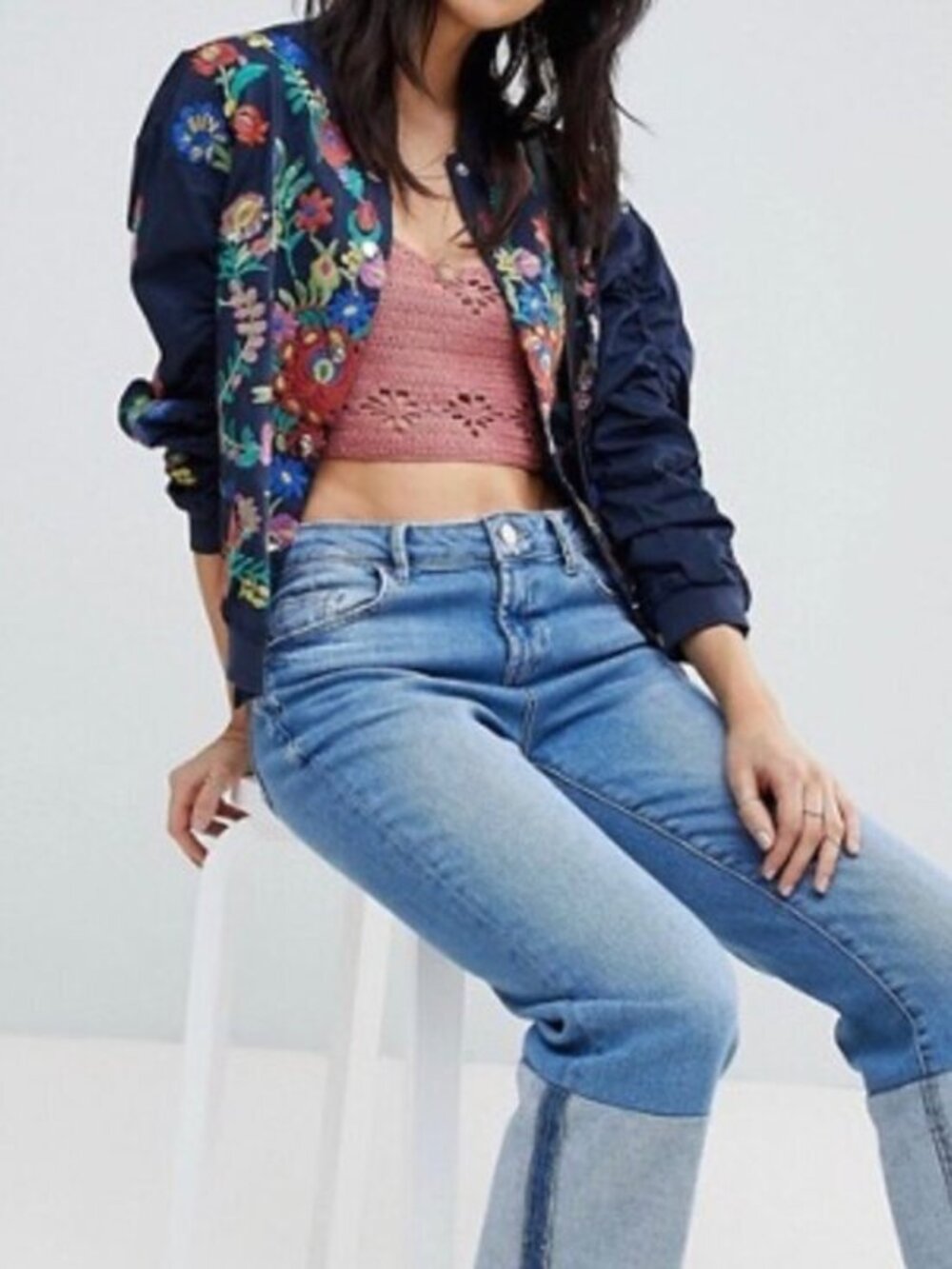 Hazel Embroidered Floral Bomber Jacket Navy Statement Piece Boho Coat Size Large